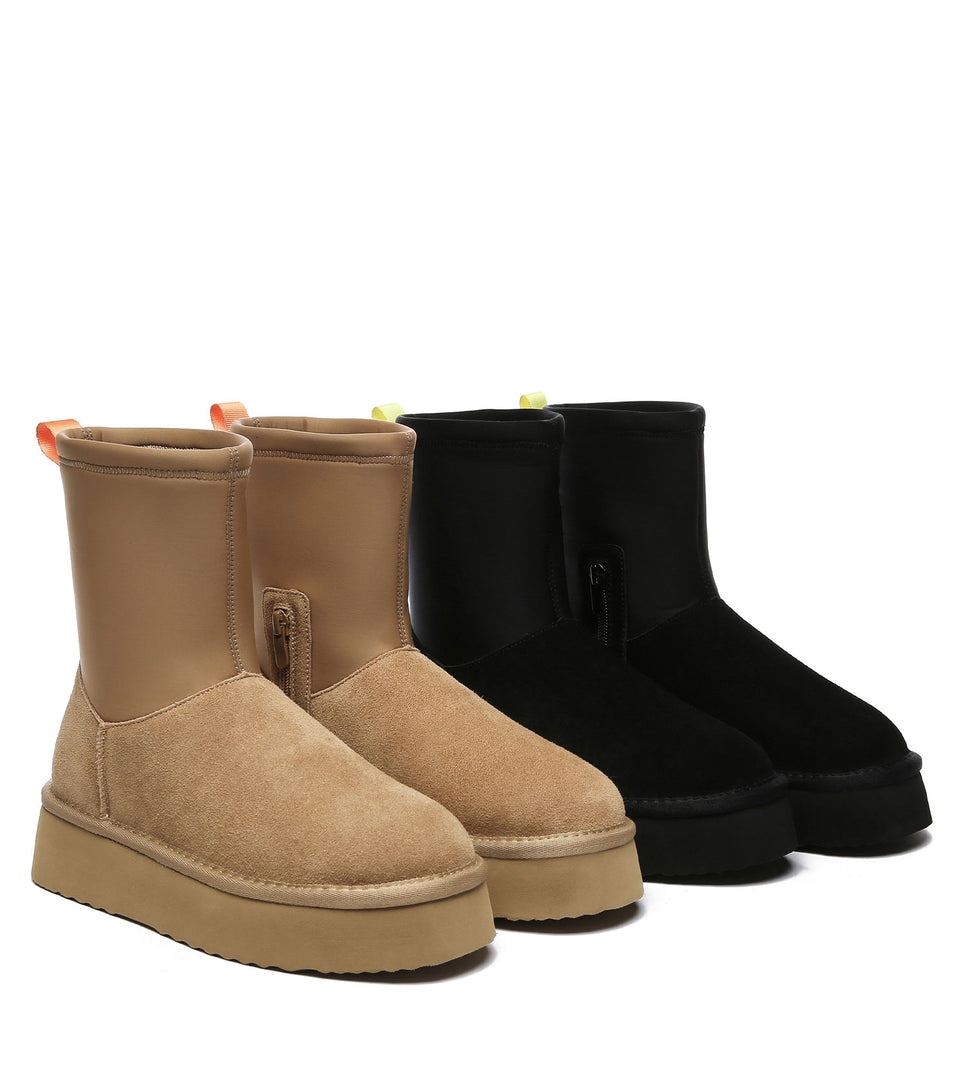 UGG BOOTS AUSTRALIA EVER AU Women Sheepskin Wool Zipper Decor Stretchy Mid Calf Platform Boots Ethel