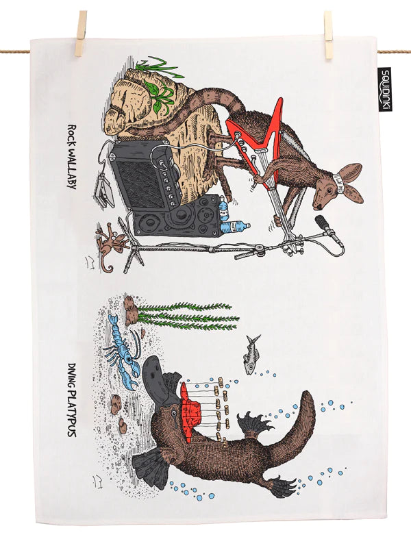 Rock Wallaby &amp; Diving Platypus Tea Towel