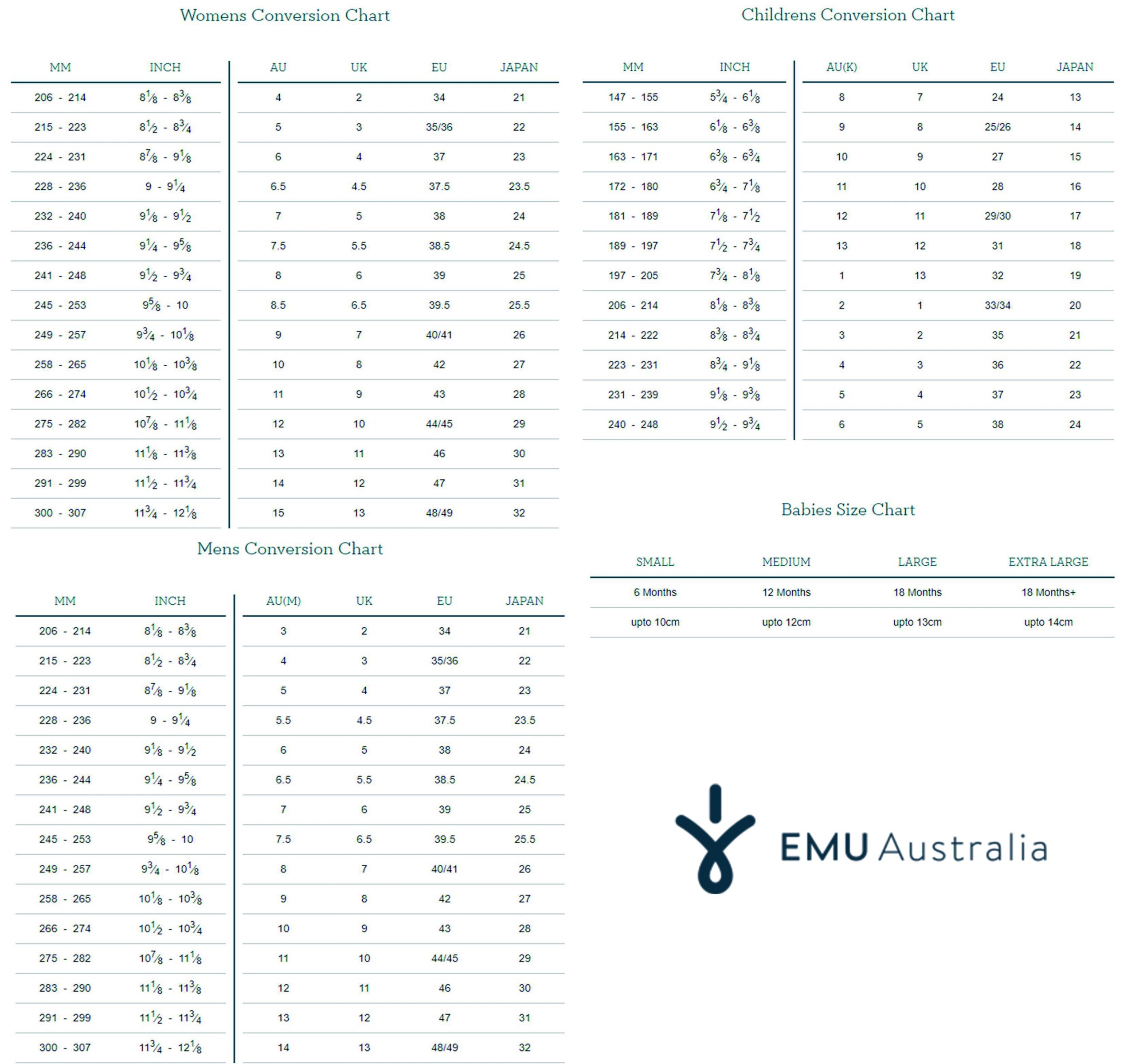 EMU Australia size chart